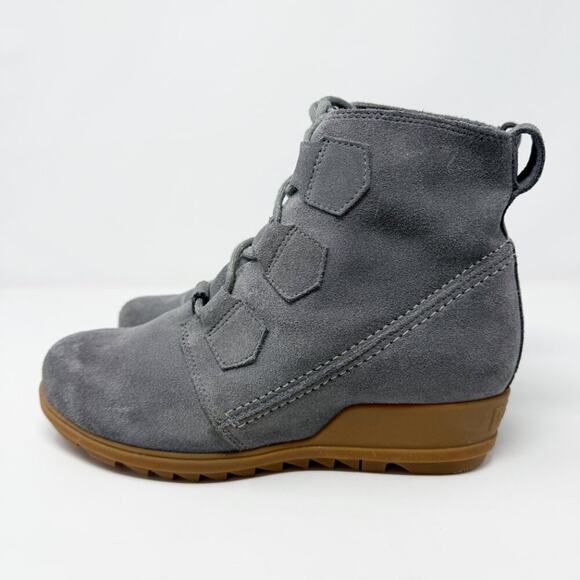 NWOB Sorel Gray Suede Evie Ankle Lace Up Booties Women's Size 9.5 Wedge Heel - Picture 3 of 8